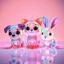 Placeholder: Adorable colored translucent 3D trio — a small dog, a cat, and a rabbit — in cute chibi proportions, made of glowing jelly-like glass material, soft pastel and neon color gradients, big expressive eyes, sparkles and light particles floating around them. Playful studio lighting, soft shadows on a reflective surface, Pixar-style render, cinema 4D, redshift, ultra-detailed, 4k.