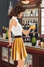 Placeholder: bartender girl with wavy skirt giving drink to drinker wine