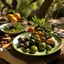 Placeholder: A plate of olives surrounded by a healthy breakfast in nature