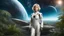Placeholder: A full-body photorealistic image of an adventurous older woman from the future, dressed in a tailored, full-body spacesuit, stands proudly beside her streamlined spaceship, standing on a metal box. Her short, untidy, blond hair has bangs. Standing in a jungle clearing. The scene is framed by a cosmic expanse of stars and nebulas.