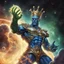 Placeholder: A divine being made from the combination of water and sun with cosmic powers and Dracula God-like man with infinite power who owns the galaxies and wears a beautiful crown A battle suit made of galaxies and stars with a glove that has seven endless stones with a mighty army behind him with hulk body