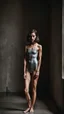 Placeholder: beautiful anorexic woman, total shot, short shiny grey swimsuit, short brunette wavy bob hair, blurred concrete background