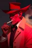 Placeholder: An old male red tiefling wearing a police comisioner outfit smoking a cig.