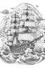 Placeholder: A haunted pirate ship sailing on rough seas while ghosts roam the deck.. Outline, sketch style, only use outline, mandala style, clean line art, white background, no shadows, no clear wall, coloring page.