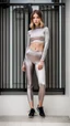 Placeholder: satin leggins, lycra leggins, satin top, lycra top, short wavy bob haircut, teenage girl, fashion pose, lens 80 mm, dof