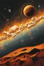 Placeholder: Bosch painting style of a neurones in the space with earth and other planets in it, thine line draw style, show a shot of a view of Mars surface