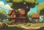 Placeholder: a single village house with two levels and a small warehouse in the back, under a big oak tree in the style of a point and click adventure game
