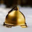 Placeholder: exquisite tiny gold bell half buried in snow, gentle snowy scene, soft lighting