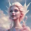 Placeholder: in front of a castle, a cheerful fairy, big smile, pink, blonde hair, beautiful, whole face, whole top hair head, wide open blue eyes, transparent wings onn the back, hyperrealism, masterpiece, expert, cinematic lighting, sharp focus, 8K, pastel, macro lens, woman, detailed, flower