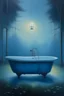 Placeholder: an oil painting of a bathtub in a blue foggy bathroom with fireflies