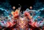 Placeholder: Dynamic complex hypnotic fractal 3D structures Symmetry twisting and morphing between cifi plants ,flowers and metal geometric forms , smooth translucent iridescent glass with inner glow and bubbles, varied transparent materials, stormy skies, intense dramatic