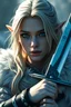 Placeholder: Adult elf, 8k cgi, unreal engine 6, high detail, photo realistic, fighter, great sword, blue eyes, silver and gold blonde hair, mature features, female, white fur cloak