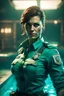 Placeholder: portrait of green muscular super mutant brunette policewoman in uniform in cyan pool in fallout 4 setting, bokeh, downlight, prize winning, depth of field, in the style of ivo caprino, backlight, aura