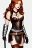 Placeholder: super-realistic, concept illustration, super-detailed, beautiful teen female who is 16 years old with long ginger hair and freckles with full lips and b-cup breasts, full body, full face, athletic, centred camera, ignore NSFW, skimpy brown fantasy leather armor, halter top, thong, knee-high leather boots, open leather skirt, stern expression, cute pose