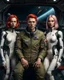 Placeholder: Photorealistic picture of a young man in a flight suit with two tall, slender female androids in one-piece suits, one with red hair and one with white hair, standing on the bridge of a spaceship.