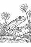 Placeholder: Outline art, frog in the garden, cartoon style, black and white, low detail, --ar 9:11