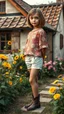 Placeholder: Photorealistic portrait of a strikingly beautiful lady who is actually a 5-year-old girl, standing in the countryside. She has a perfectly realistic, delicate face with light, natural makeup, sparkling eyes, and a neat bob haircut. She is dressed in a stylish, pretty floral top, fashionable short tight shorts, and elegant, nice leather ankle boots. She is standing gracefully next to a charming rustic country house, surrounded by a lush garden full of blooming flowers (like roses and sunflowers)