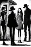 Placeholder: Design a detective book cover for teenagers. Three teenage detectives in the centre, one boy on her left, the girl in the centre and one on her right are on the town street. Black cat. Banksy style, modern comic book style, mysterious atmosphere,