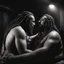 Placeholder: half figure shot photography of two angry gipsy 41 years old burly chubby ugly men embracing tightly from back, dreadlocks, shirtless, in a sauna full of steam, dim lights, side light, ambient occlusion,