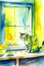 Placeholder: painting of a cat that is pushing a water glass off a shelf with its paw, in the center of the picture with space around it taking up only one third of the image, in watercolour, in the background a yellow wall with a window and curtains, splatter, art, aquarell, pastell, ink, soft, negative space, white outlines