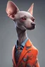 Placeholder: create an image of a hairless xoloitzcuintle puppy, wearing gray and orange suit, with a little bird of all colors perched on its back, red filter, ultra detailed and visually rich concept art illustration of cute complex creatures of living molecules of persona 5, bright and enchanting, illuminated fantasy kingdom, (((rule of thirds))) depth of field intricate details, fantastic kingdom, extremely detailed, ultra-sharp focus, light particles, attention to detail, grandeur and aw