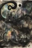 Placeholder: Liminal Dreamscape nightmares; Primitive Art; Ink Wash; Black With Iridescent Pastels