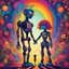 Placeholder: psychedelic colorful silhouette, robot holding hands with little girl, illustration by John Kricfalusi, maximalism