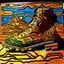 Placeholder: brown moutain shoes , art, oil drawing, bright, keith haring, picasso, masterpiece