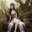 Placeholder: A beautiful as a model asian woodland elf princess who looks like Lucy Liu seated on a throne in a mystical forest