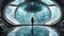 Placeholder: woman standing inside the interior of an alien spaceship, with a large window, with jellyfish outside