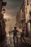 Placeholder: photorealistic painting of young boy fighting old boy, industrial era, night time, people in background, diagon alley