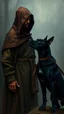 Placeholder: Hieronymus Bosch and Van Gogh styles , a hooded man with a black ,dog is standing by looking at you In foggy smoky background