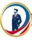 Placeholder: A circular logo with a vector of a groom in a suit at the top of the logo in a blue, red, white and gold color theme.