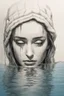 Placeholder: Artwork of t-shirt, Wide angle, half of face on water surface of a woman eyes are full of tears in swimming pool. Broken heart, sadness, down deep