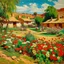 Placeholder: A green village with flowers designed in Navajo woven art painted by John Singer Sargent