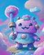 Placeholder: highly detailed portrait ofa small, adorable robot with round, expressive eyes and a friendly smile. It has a cheerful, bright color scheme, with a mix of pastel blues, pinks, and purples, standing with its arms crossed holding a toy sword, surrounded by a swirling vortex of energy. The background is a colorful, cartoon-like landscape, with fluffy clouds and a rainbow. The background is a stark, metallic landscape, with a futuristic cityscape visible in the distance. by atey ghailan, by eduard h