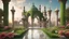 Placeholder: Hyper Realistic Huge Green-Bricked & beautifully-crafted-Brown-minarets & marble-flooring in a huge beautiful flower-garden with grass-arches & water-fountain & pigeons flying at early-cloudy-sunrise showing dramatic & cinematic ambiance