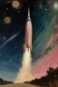 Placeholder: A pale pink rocket zooming across the stars painted by Claude Monet