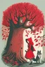 Placeholder: in a cosy vintage style, red riding hood marvels at a red tree while the big bad wolf lurks