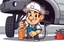 Placeholder: retro cartoon mascot of a vehicle mechanic, under a vehicle doing an oil change, in modern vector