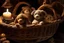 Placeholder: Cute but quirky stuffed animals lie in a carved basket on a soft sling, by candlelight