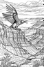 Placeholder: An eagle glides effortlessly over the immense, rugged grandeur of the Grand Canyon. The canyon's colossal depths and layered rock formations create a breathtaking backdrop for the eagle's flight, symbolizing the immense power of nature and the bird's absolute freedom..coloring book page, simple and clean line art, adult drawing book, black and white, crisp black lines, no shades, sharp lines, coloring book for adults, cartoon style, landscape