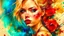 Placeholder: old canvas with worn torn folded edges and holes, cracks, heavily grained, broken lens effect, Iris wreath portrait Blonde woman, red lips, back tattoo, Alcohol ink, Hyperdetail, Anna Razumovskaya, Anna Dittmann, Luis Royo