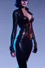 Placeholder: MARGOT ROBBIE dressed in shiny black leather, frank miller sin city, busty, cleavage, volumetric lighting, particales,highly detailed,cinematic, deep colours,8