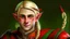 Placeholder: A young elf with blond hair in a single braid, green eyes and a small smile. He is dressed in an artist's costume mixing red and black as the main color.