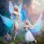 Placeholder: Fantasy cute fairy with wings, smiling, make up, long blond platinum hair, blue eyes, crown, beautiful dress, flowers in background, HQ