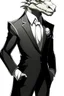 Placeholder: A silver Dragonborn from dnd wearing a tuxedo