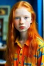 Placeholder: pretty girl, aged 13, ginger, conventionally attractive, realism, dreamy, tight top, bright clothes, full length