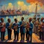 Placeholder: Vivid color oil painting of a brass band standing on the pier in front of a small fishing harbor, orchestra, jazz club 1 9 3 0 seconds, band playing instruments, musician, musicians, band, musicians playing instruments, the last orchestra, conductor, by Aaron Douglas , Jazz Quintet, by Carey Morris, band player, concert, by Baron Storey, entertainer, by Jasper Knudsen, silhouettes