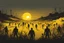 Placeholder: sunset, comic style, post-apocalypse field landscape full of zombies, negative space, temporal hallucination, mystical, dark zombie apocalypse, perspective, very bright yellow colors and deepblack, 4K desktop, ink, very high contrast, chiaroscuro